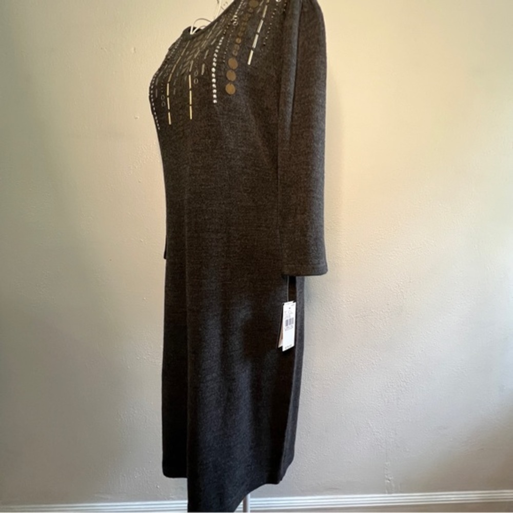 Ab Studio Long-Sleeved Gray Sweater Dress, Embellished Bodice. Sz M. Nwt. — image 3 of 8
